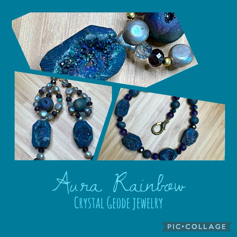 Aura Rainbow Druzy Beaded Necklace & Earring Set, Vintage